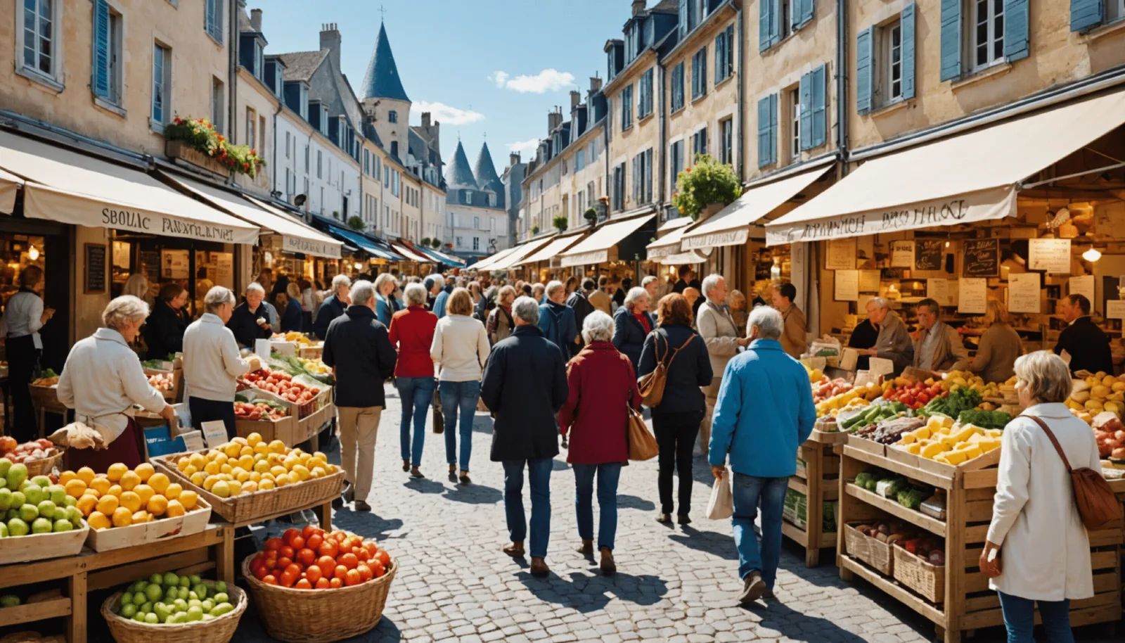 Étals de fruits, légumes et poissons sur le marché couvert de Pornichet, un matin d'hiver