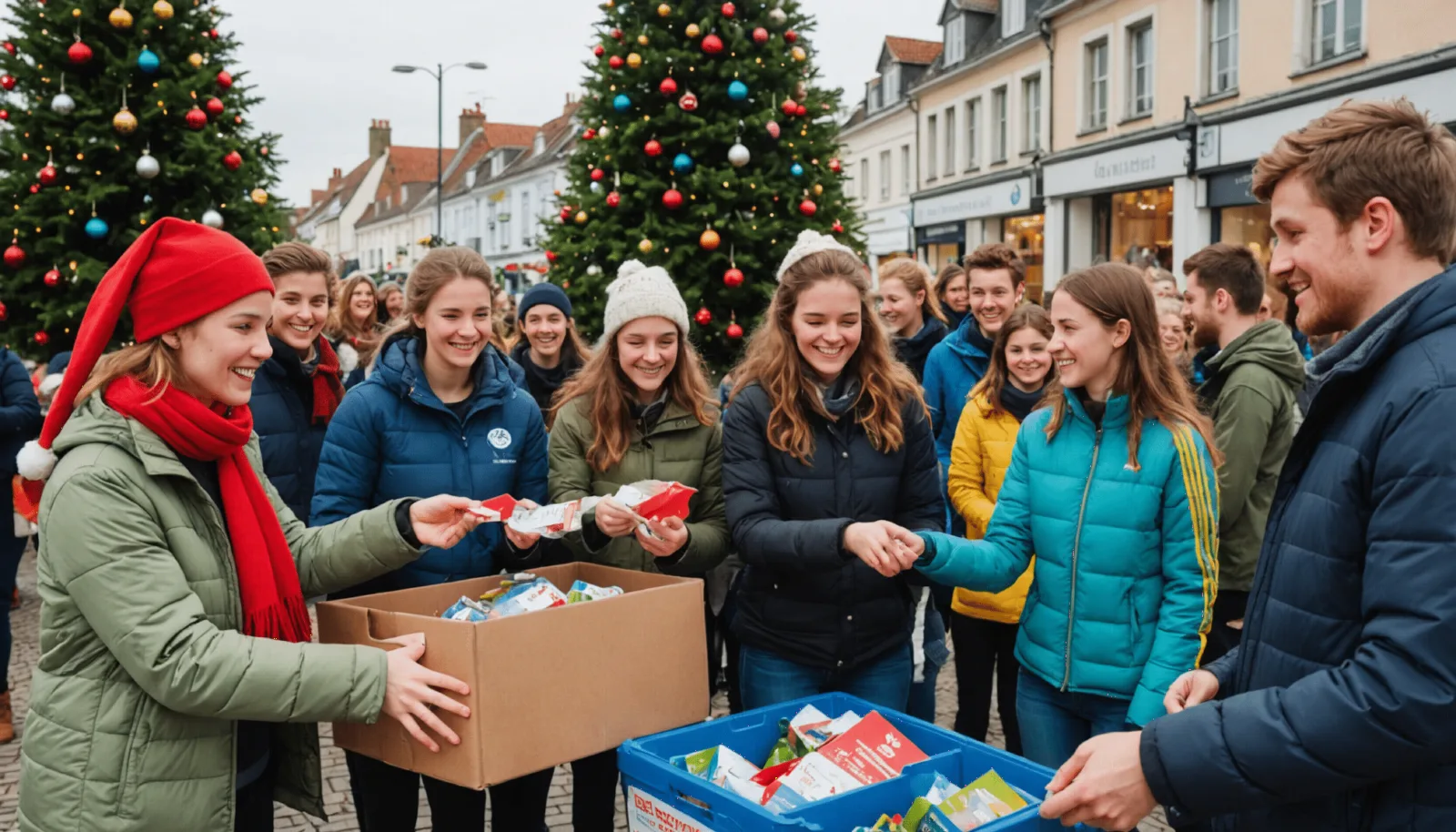 Des adolescents trient des dons de nourriture et des couvertures dans des cartons
