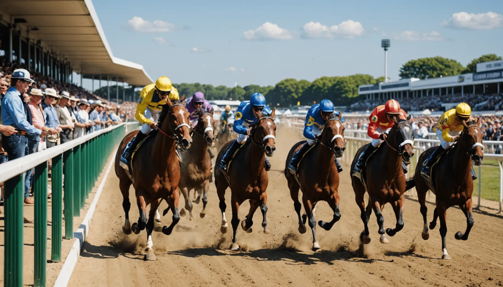 Des chevaux de galop lancés sur la piste en sable de l'hippodrome, sous les projecteurs