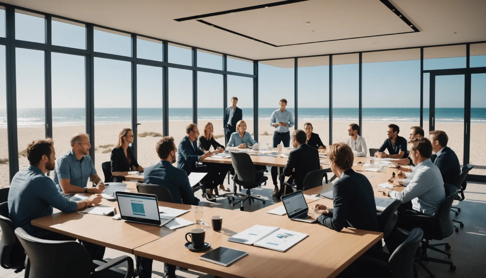 Une salle de réunion avec paperboard et grandes baies vitrées ouvertes sur la baie