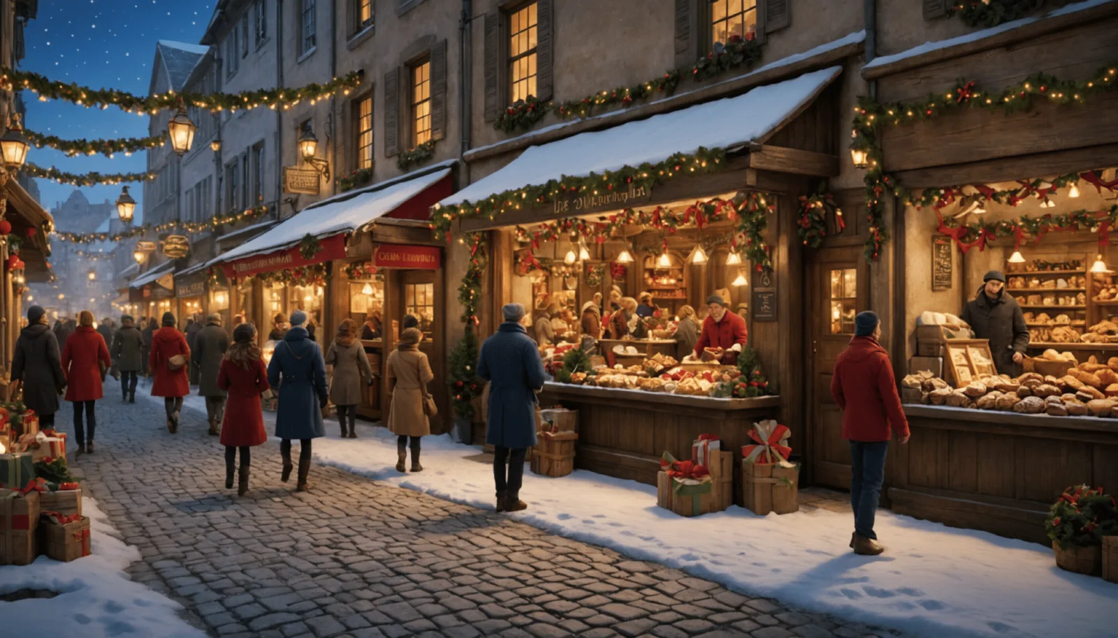 Chalets et guirlandes d'un marché de Noël installé sur une place en soirée