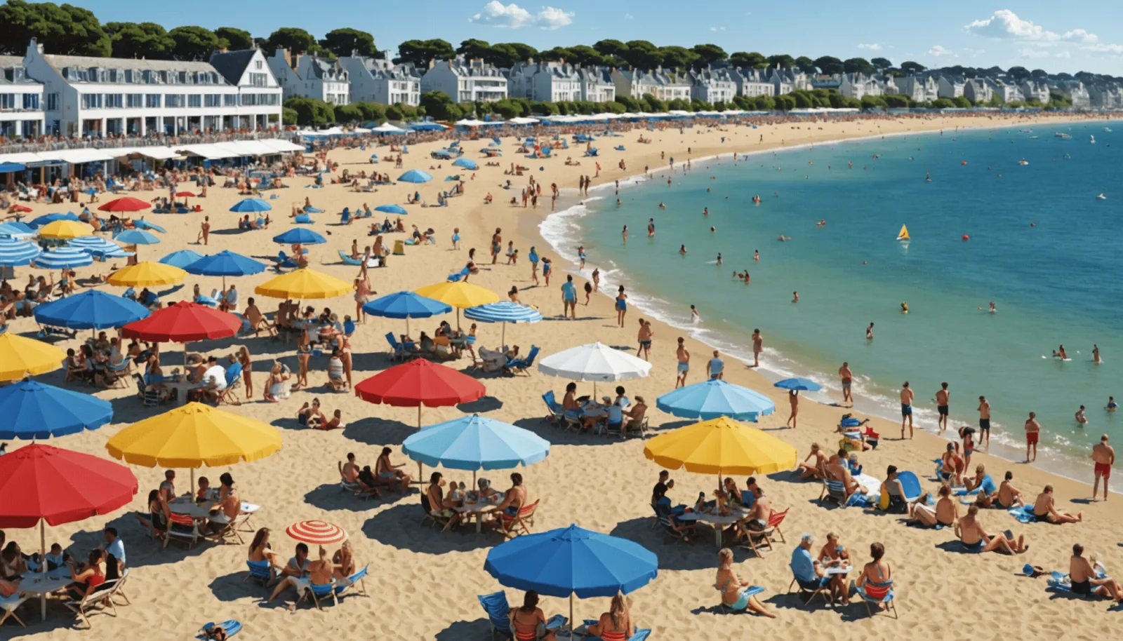 Le front de mer de Pornichet un jour d'affluence, promeneurs et stands installés