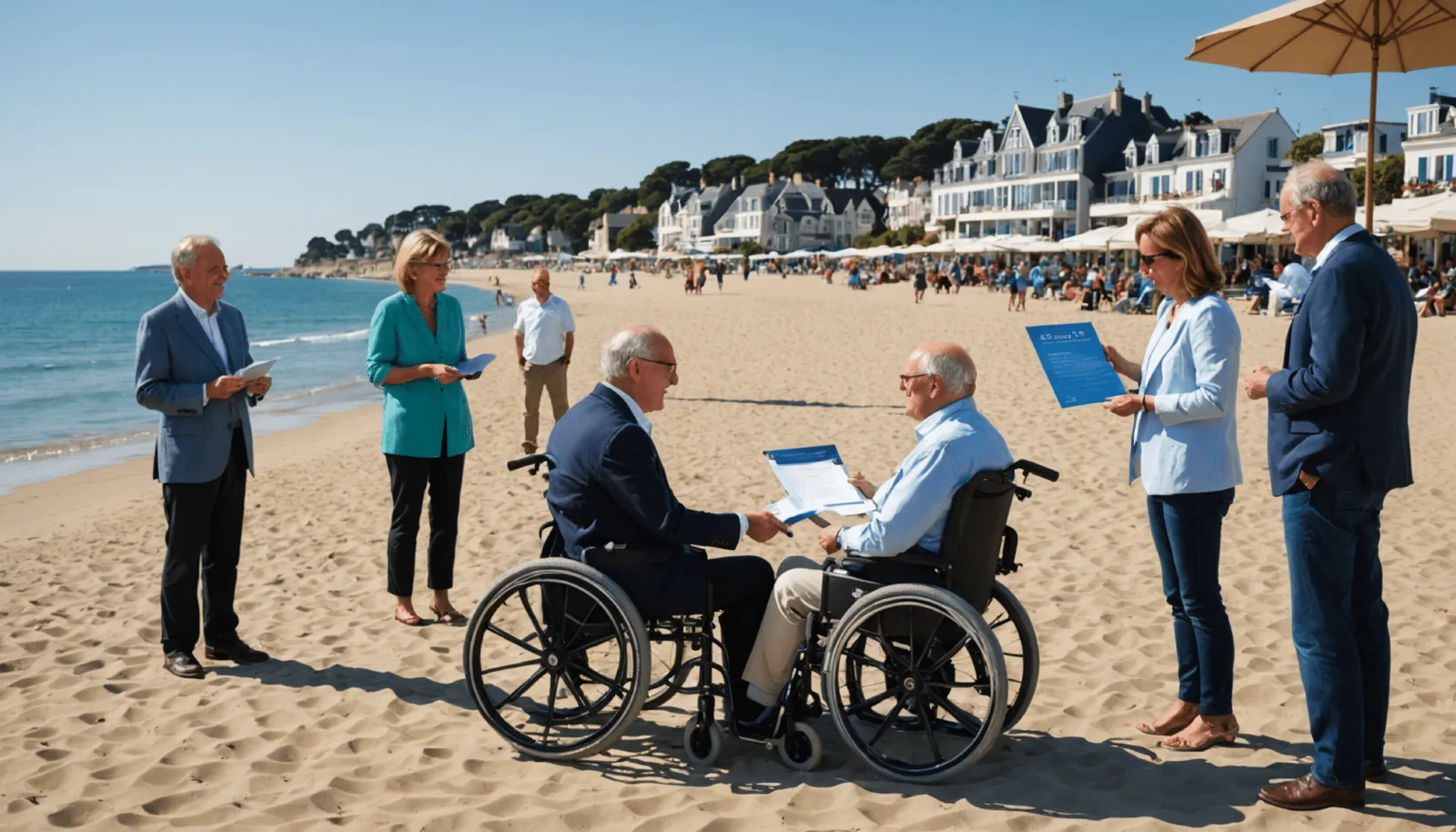 Un fauteuil de plage à roues ballon posé sur le sable, face à la mer