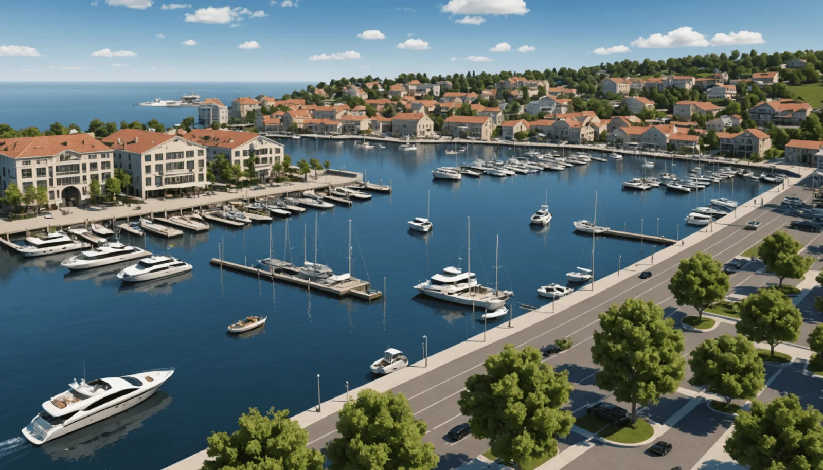 Vue d'un port de plaisance et de ses pontons en bord de commune littorale
