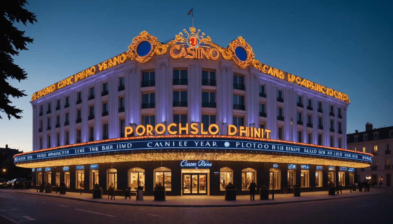 Salle de casino décorée pour les fêtes, tables dressées et machines à sous en arrière-plan