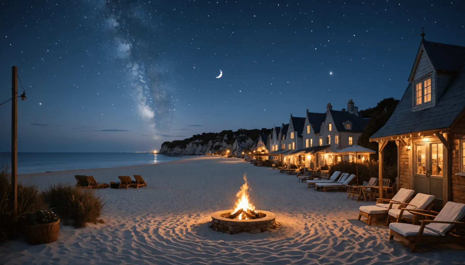 Le front de mer de Pornichet la nuit, terrasses éclairées face à la plage