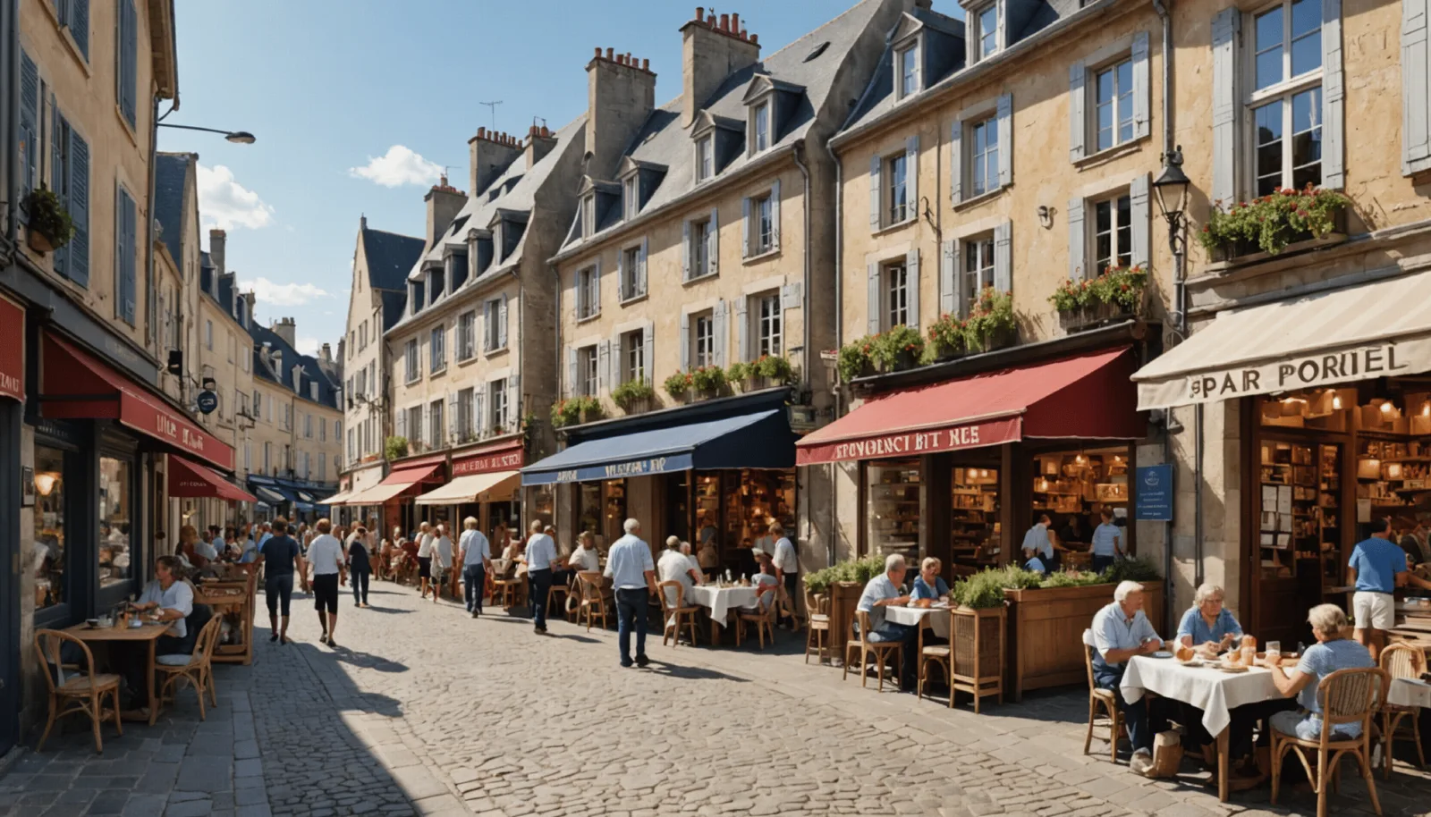 Rue commerçante de Pornichet en hiver, vitrines éclairées en fin d'après-midi