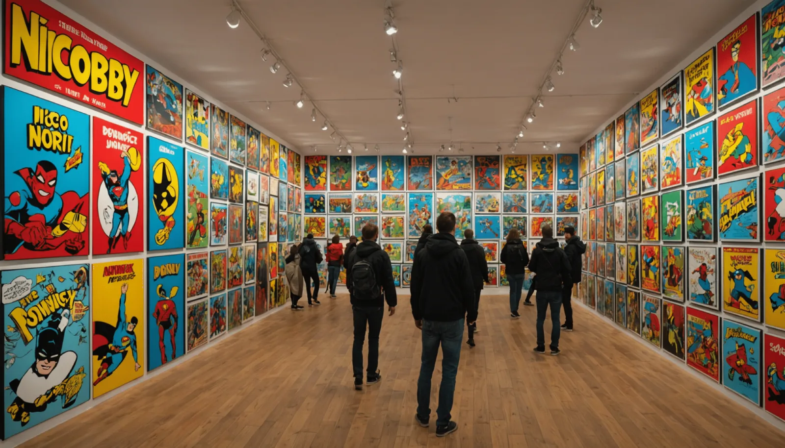 Planches originales de bande dessinée encadrées et accrochées dans une salle d'exposition