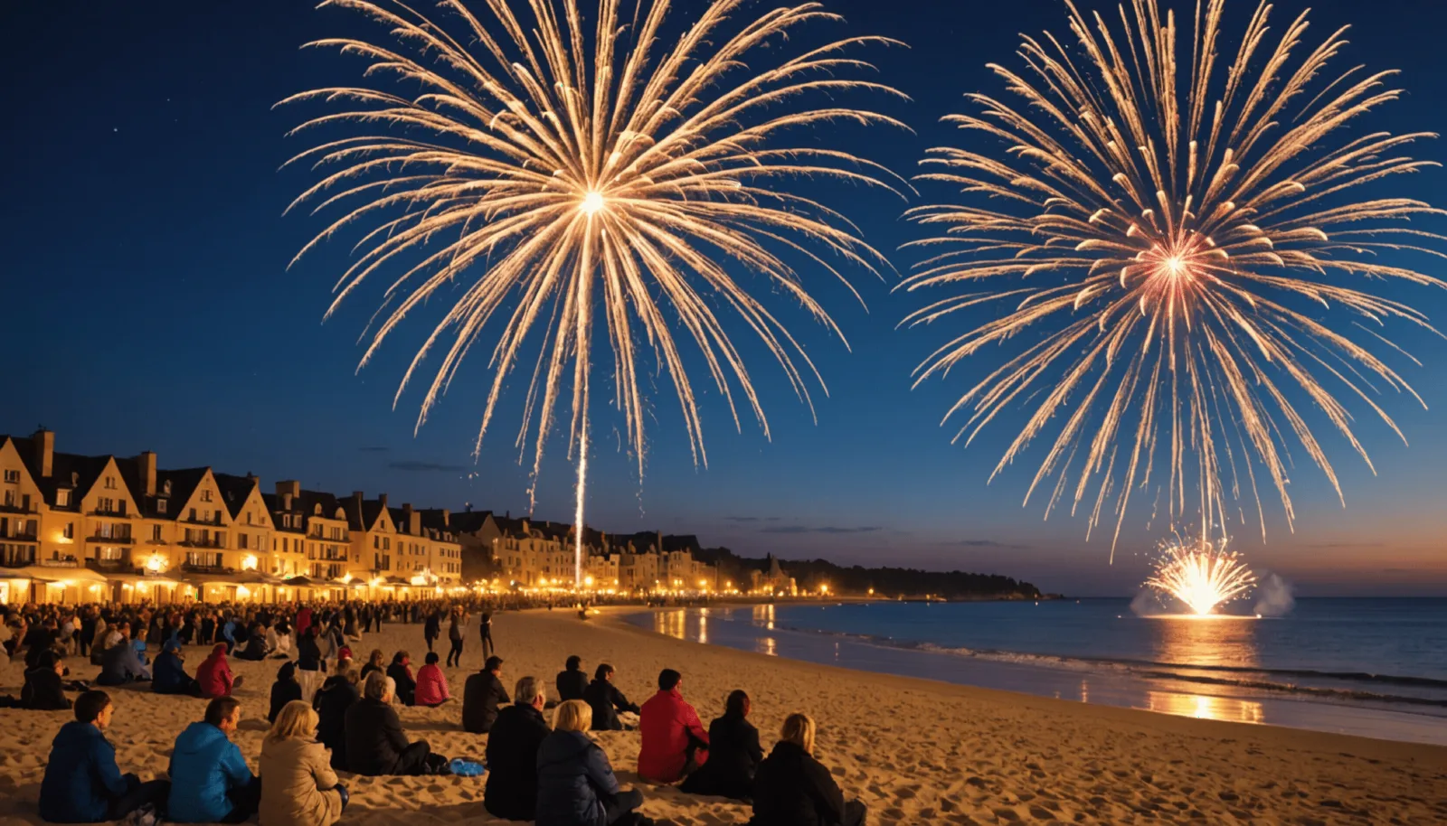 Feu d'artifice au-dessus d'une plage, silhouettes de spectateurs en manteaux d'hiver