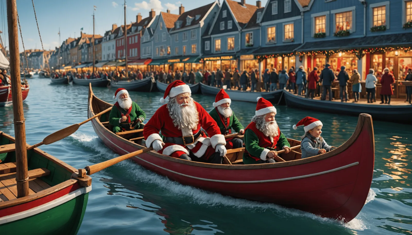 Le Père Noël debout dans une pirogue entre au port d'échouage de Pornichet, escorté de kayaks