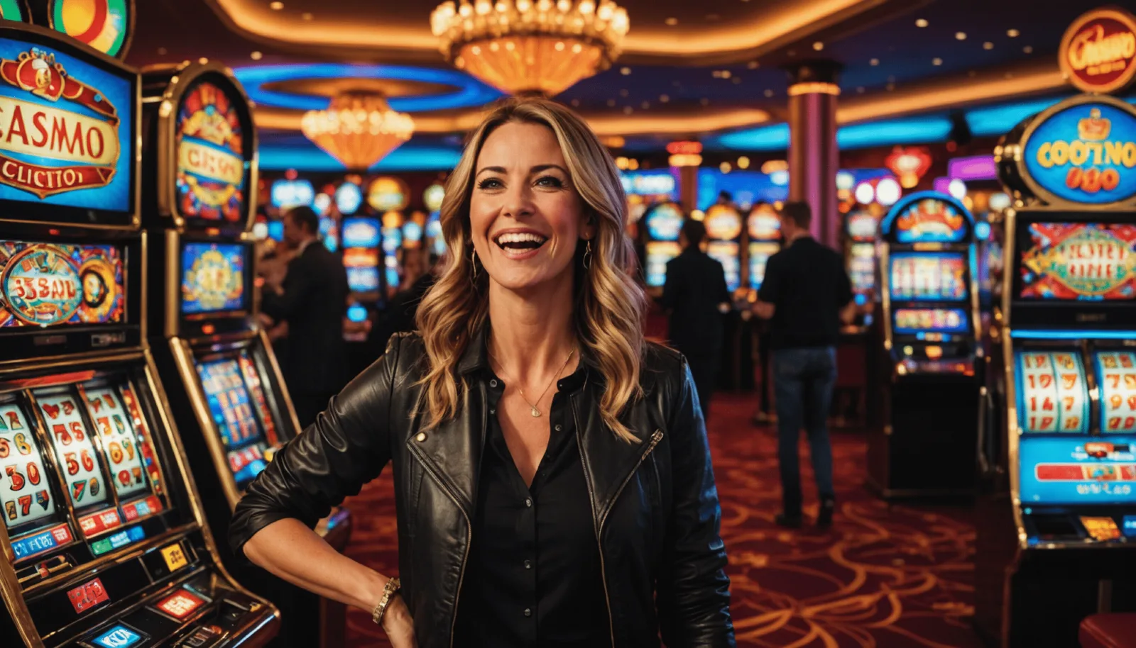 Rangée de machines à sous éclairées dans la salle de jeux d'un casino