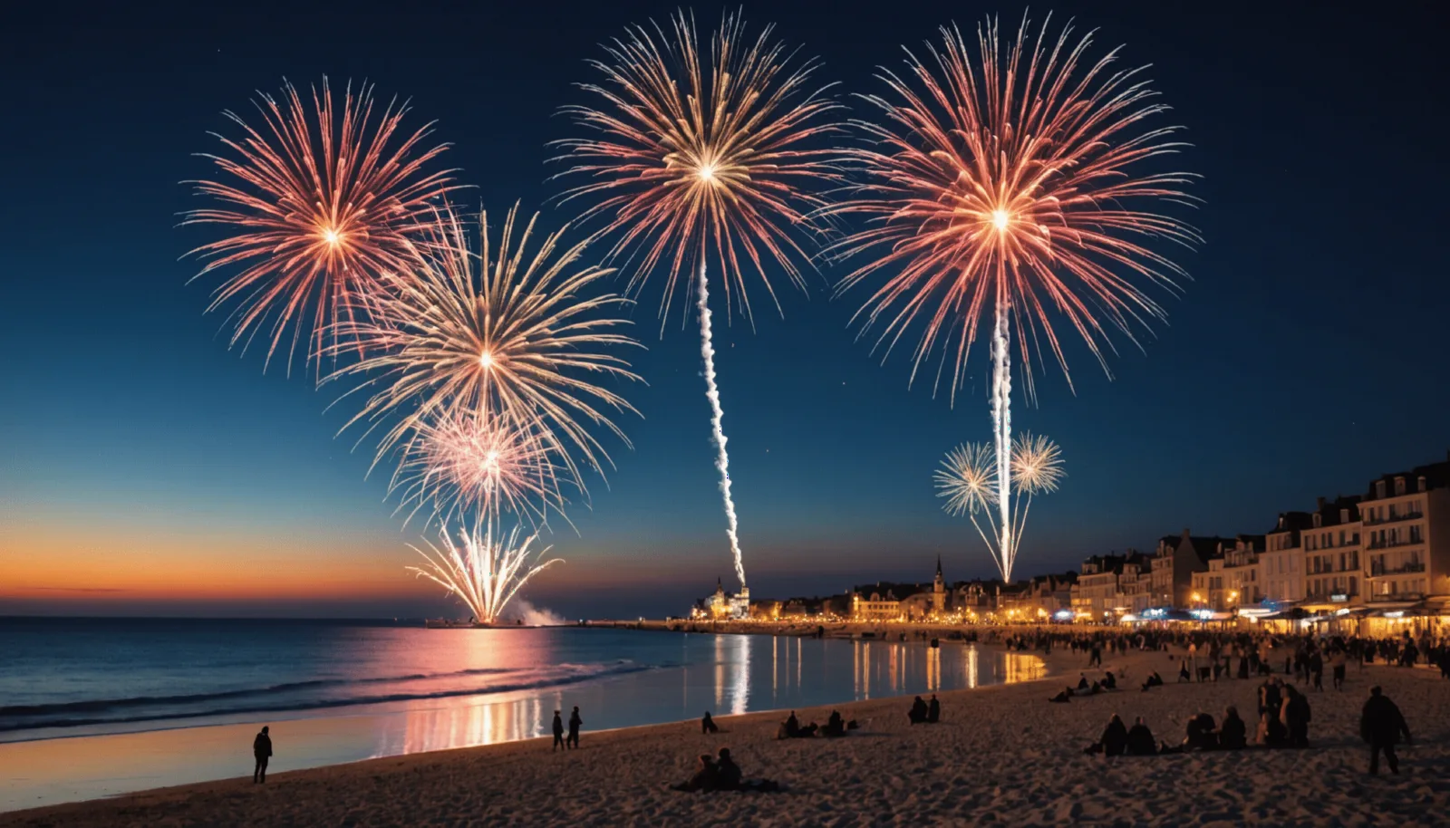 Feu d'artifice au-dessus du front de mer, spectateurs rassemblés dans la nuit