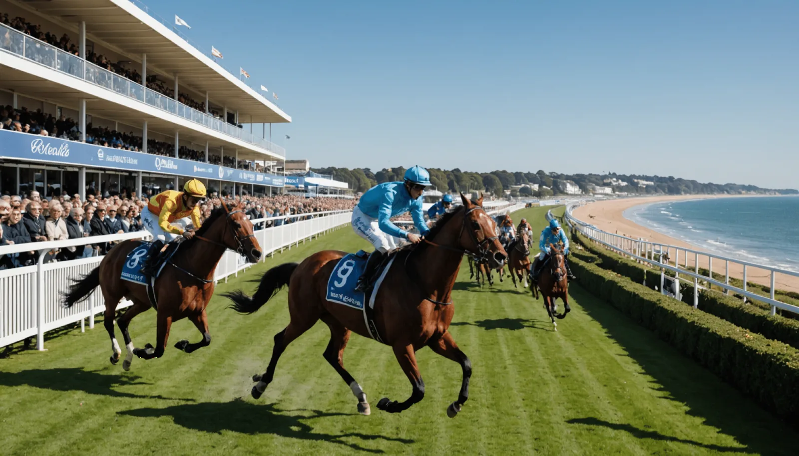 Chevaux de trot attelé lancés sur la piste de l'hippodrome de Pornichet