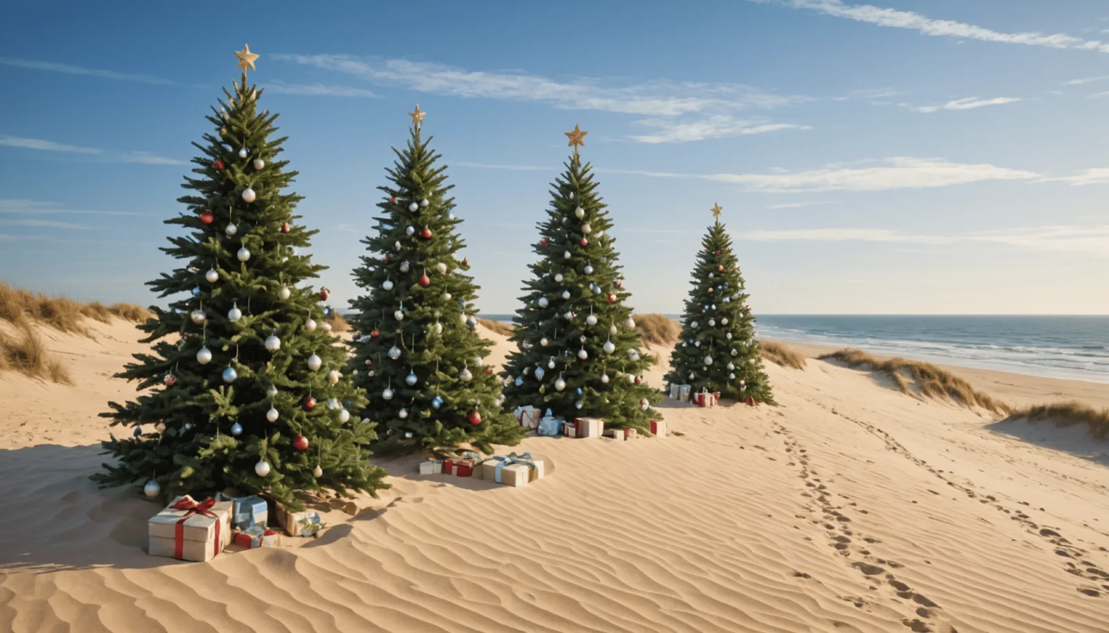 Sapins de Noël couchés au pied d'un cordon dunaire en bord de plage