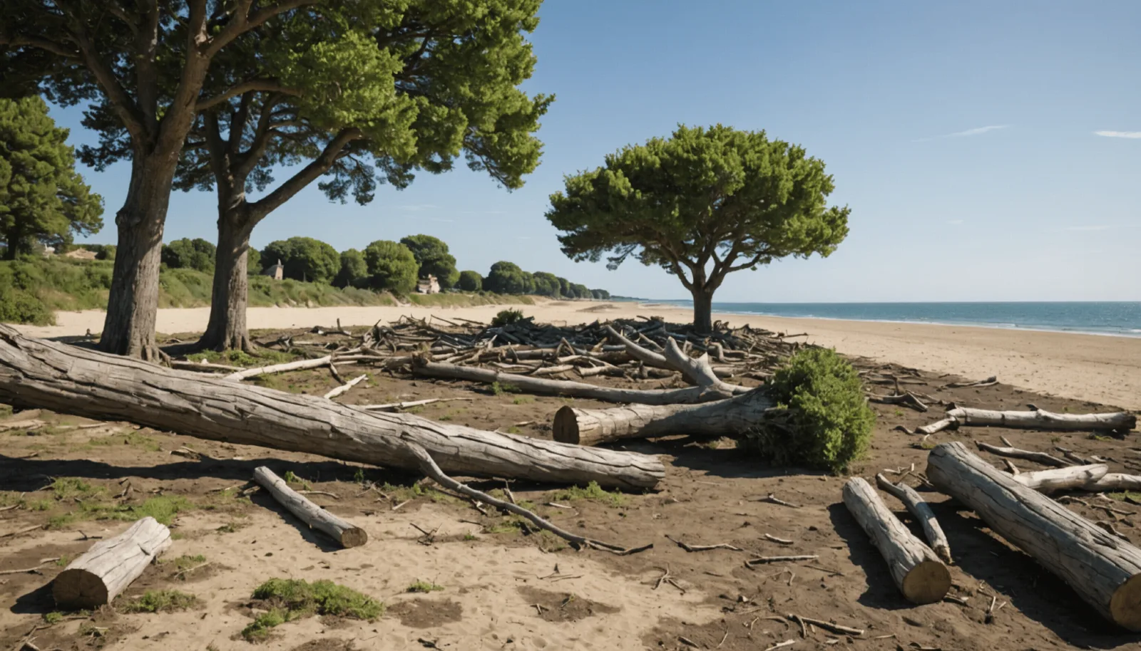 Souches fraîches de platanes sur un parking après abattage en bord de littoral