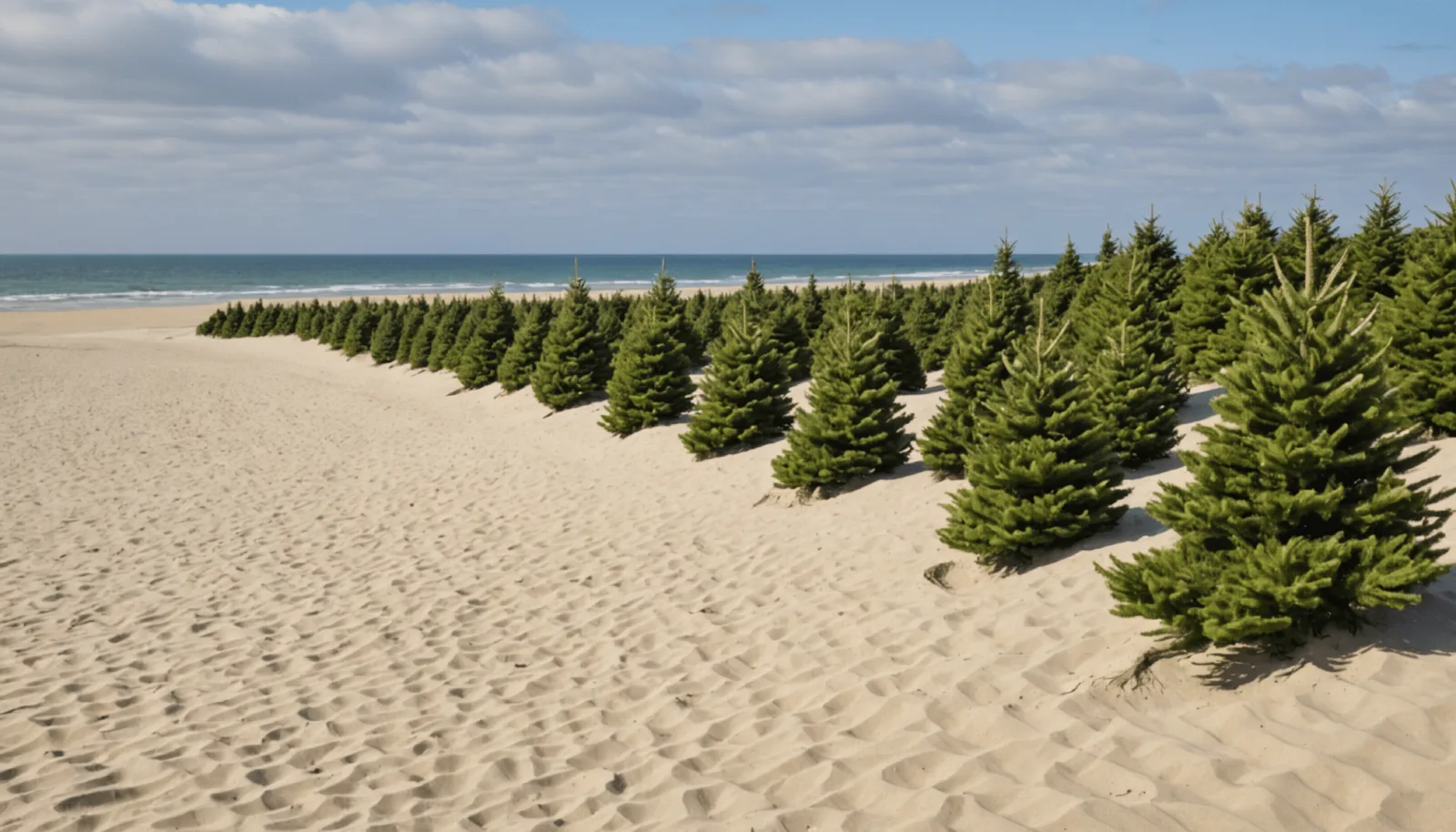 Sapins déposés en tas près d'un cordon dunaire en hiver