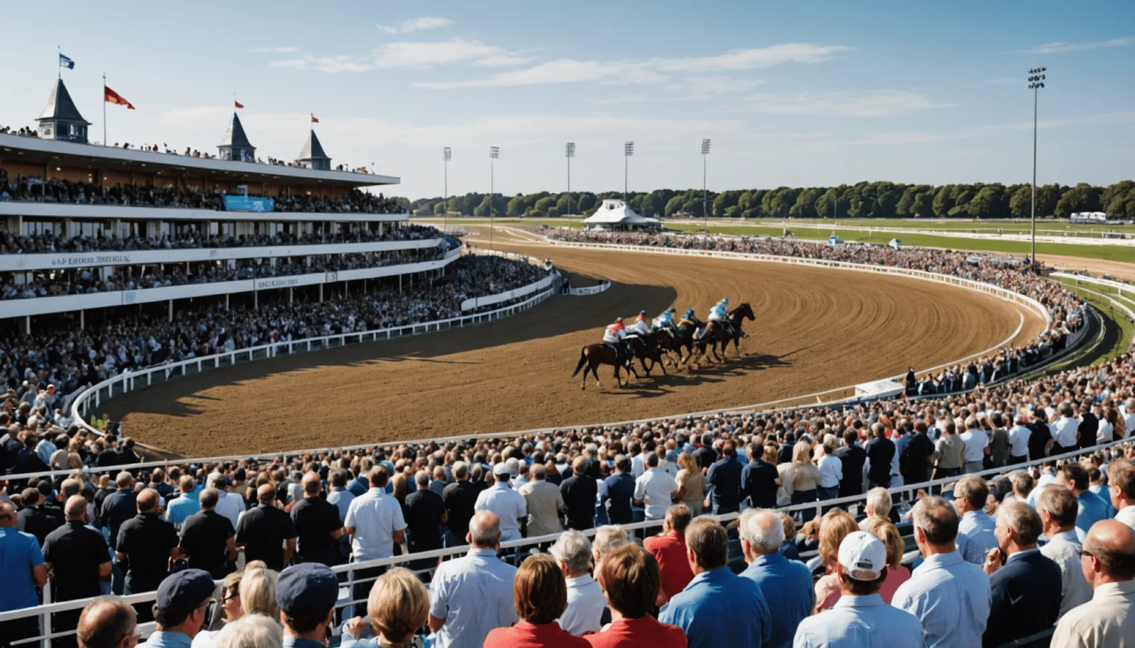 Un attelage de trot passe devant les tribunes de l'hippodrome de Pornichet.
