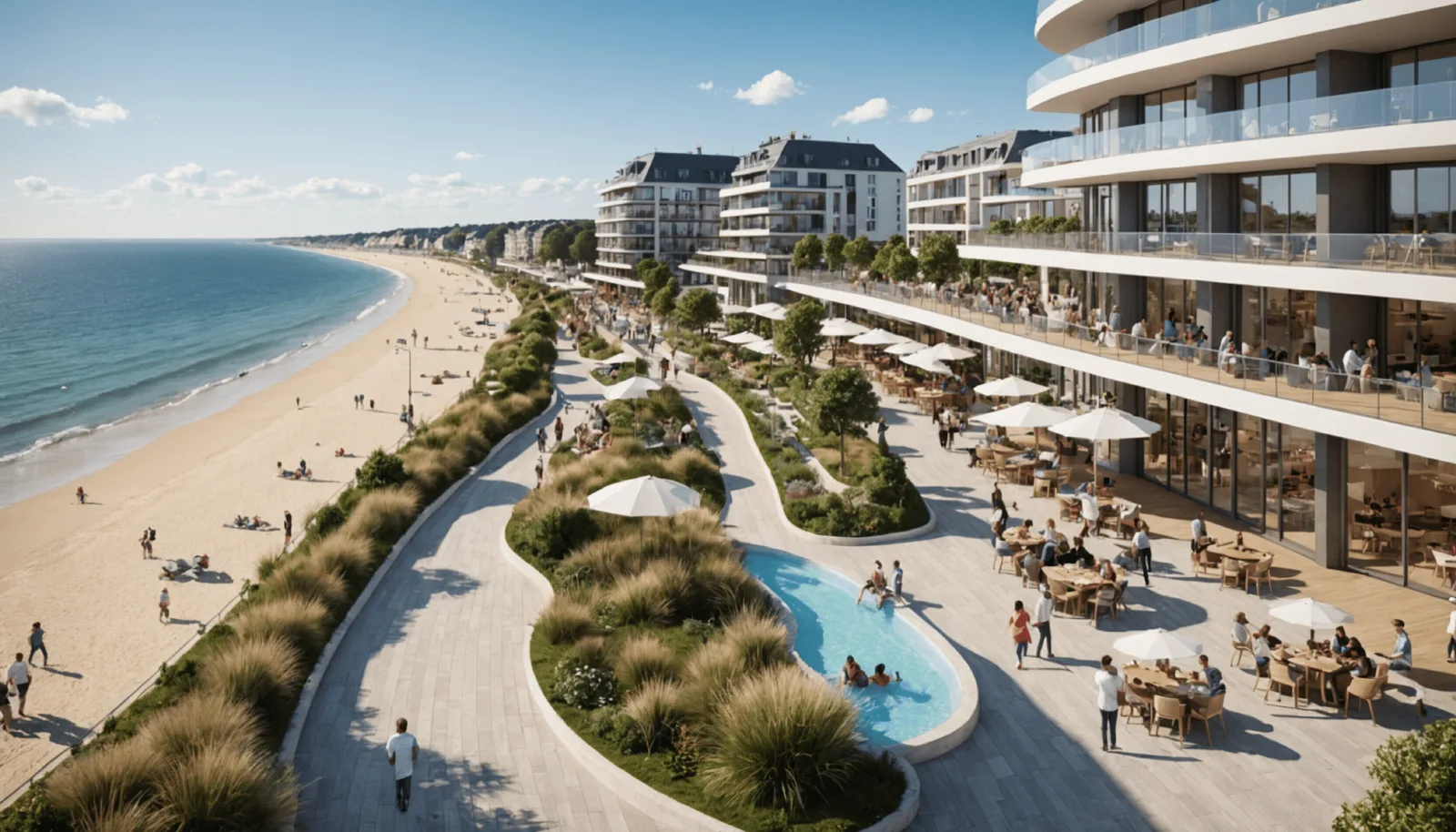 Le boulevard de mer de Pornichet en travaux, le long de la plage.