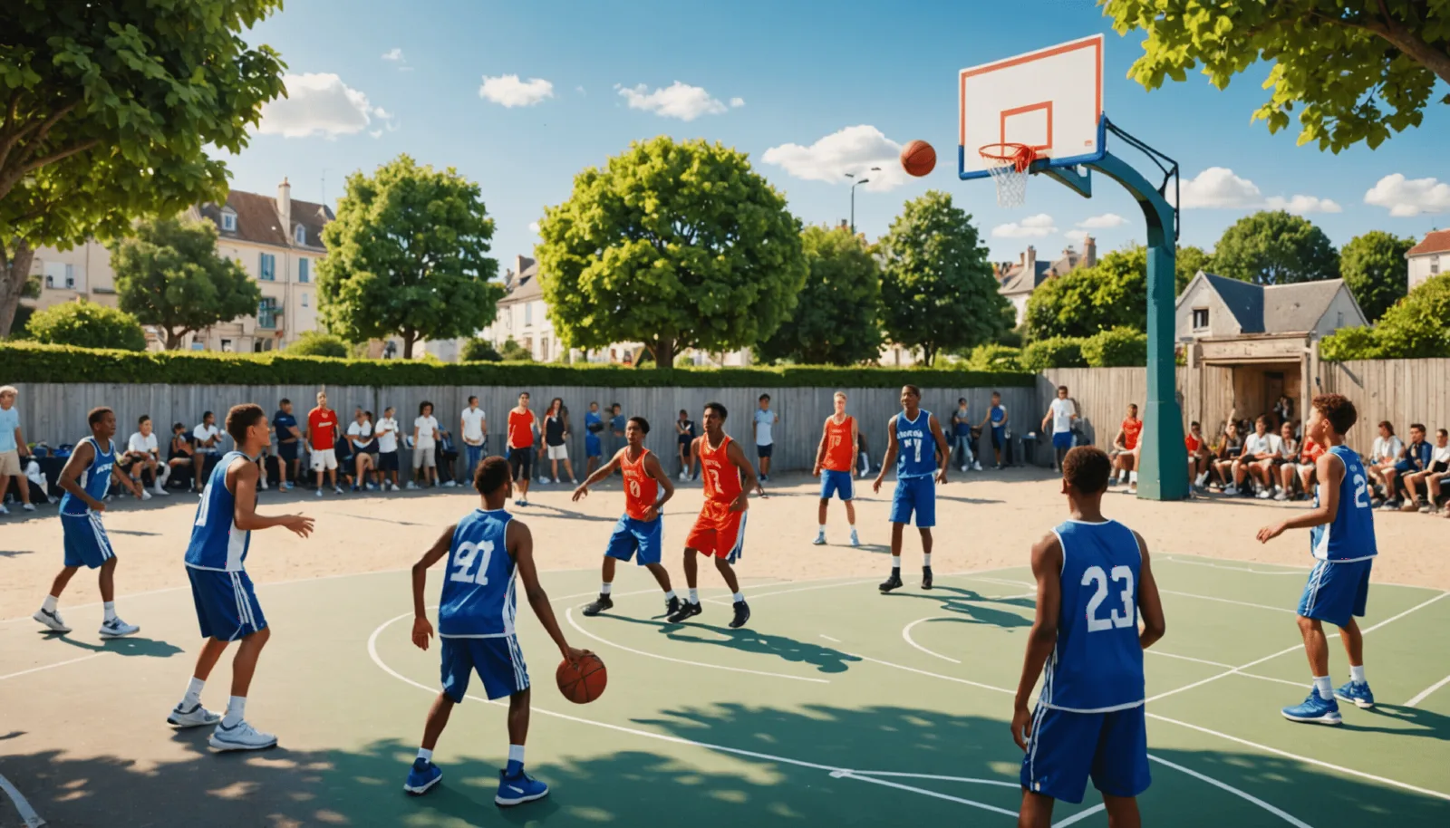 Un ballon de basket posé sur le parquet d'un gymnase, panier au fond