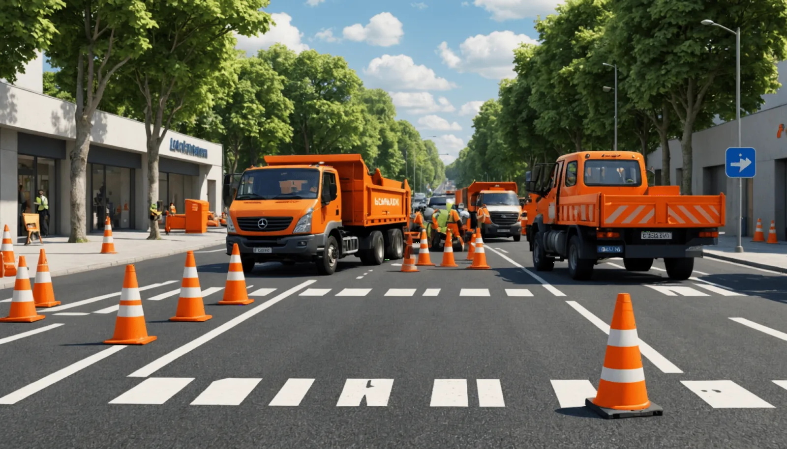 Panneau de chantier et rétrécissement de chaussée sur une avenue urbaine