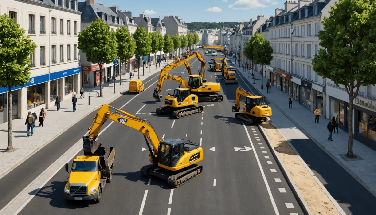 Rue en travaux à Pornichet, bordure de trottoir neuve et engins de chantier