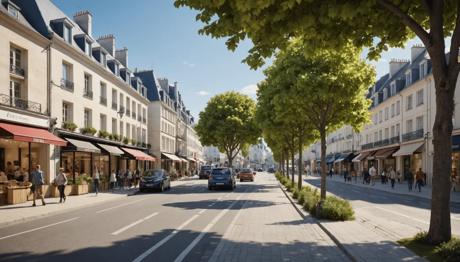 Panneaux de chantier et rétrécissement de chaussée sur une avenue en travaux