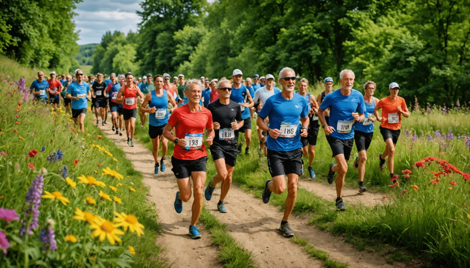 Coureurs sur un sentier lors d'une course caritative, dossards visibles et bénévoles en bord de parcours