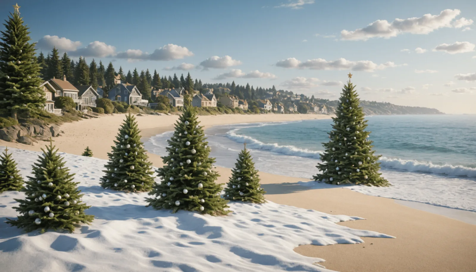 Sapins de Noël alignés et à demi enfouis sur une dune de sable, en bord de plage l'hiver