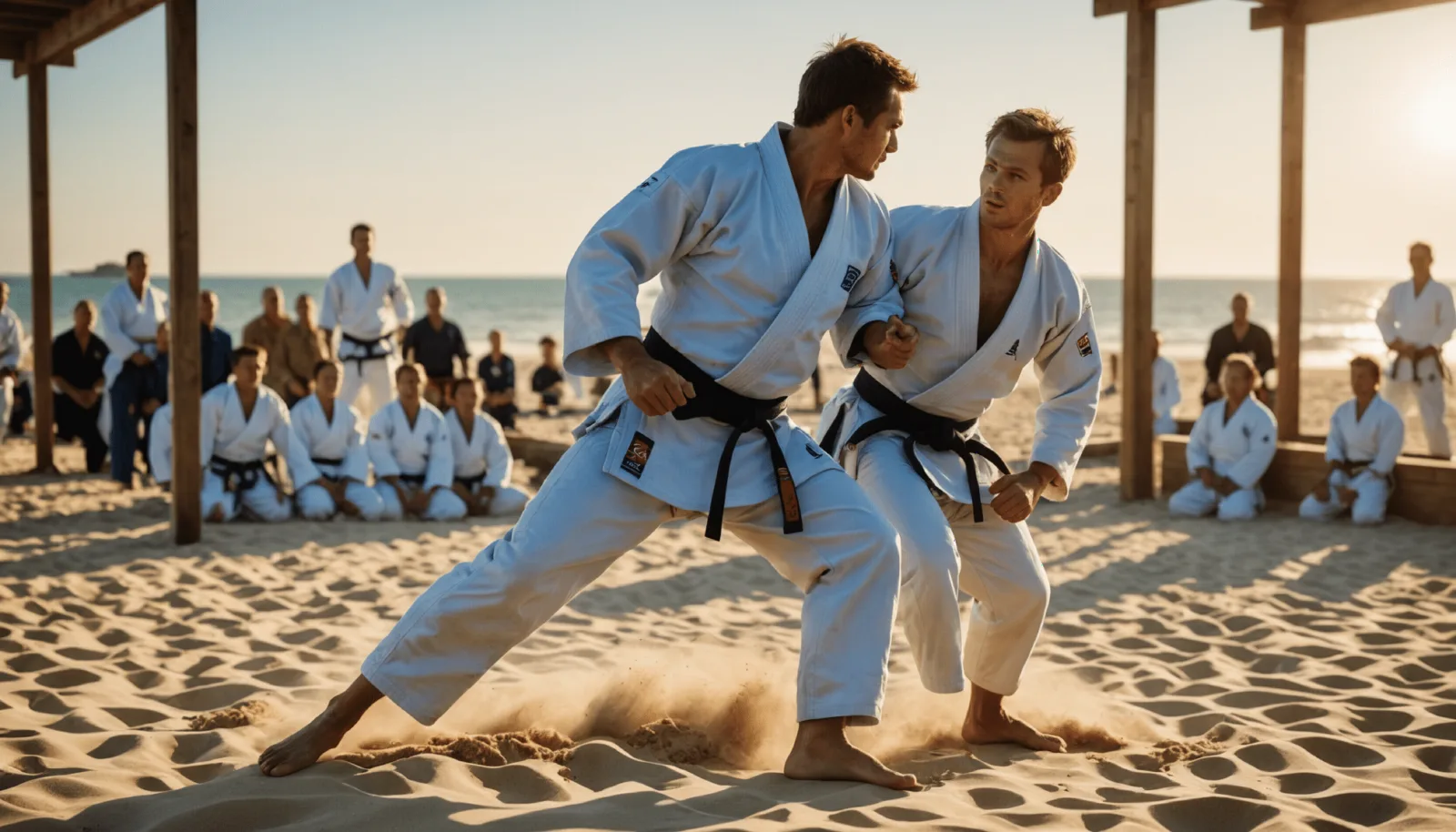 Deux judokas en kimono blanc au sol pendant un combat sur un tatami