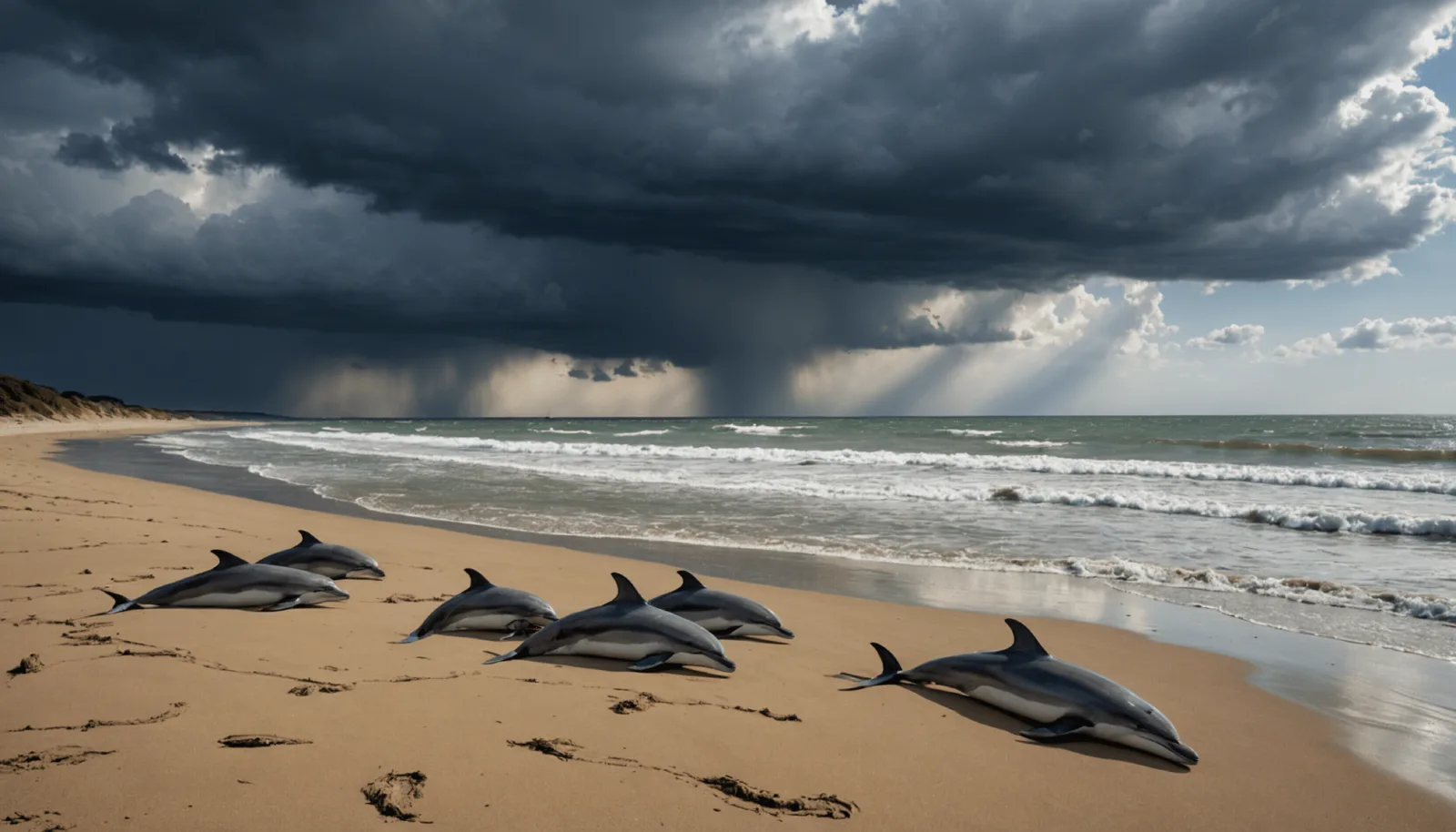 Plage de sable après tempête, laisse de mer et débris rejetés le long du rivage