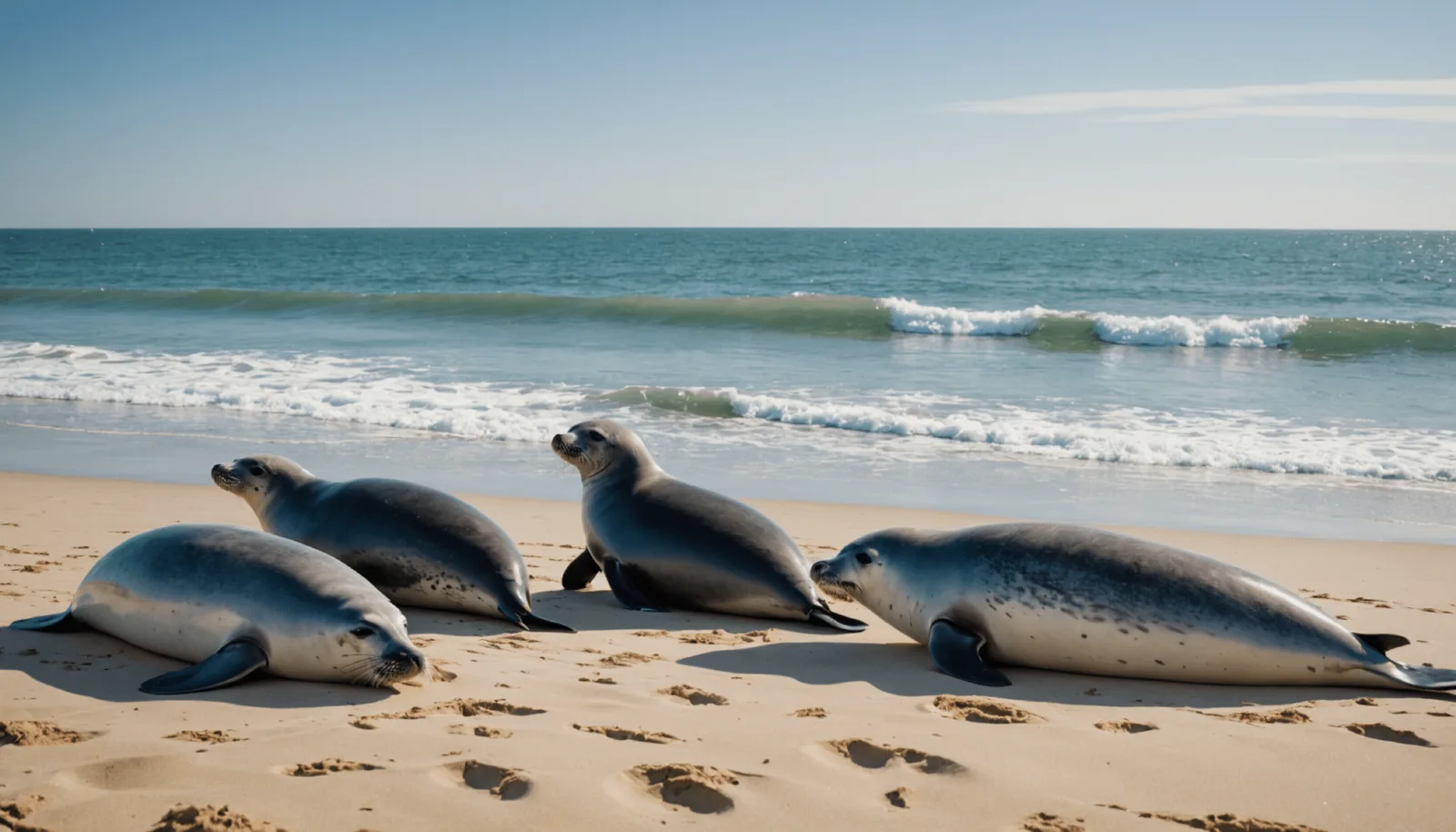 Un phoque gris allongé sur le sable humide d'une plage de la presqu'île guérandaise