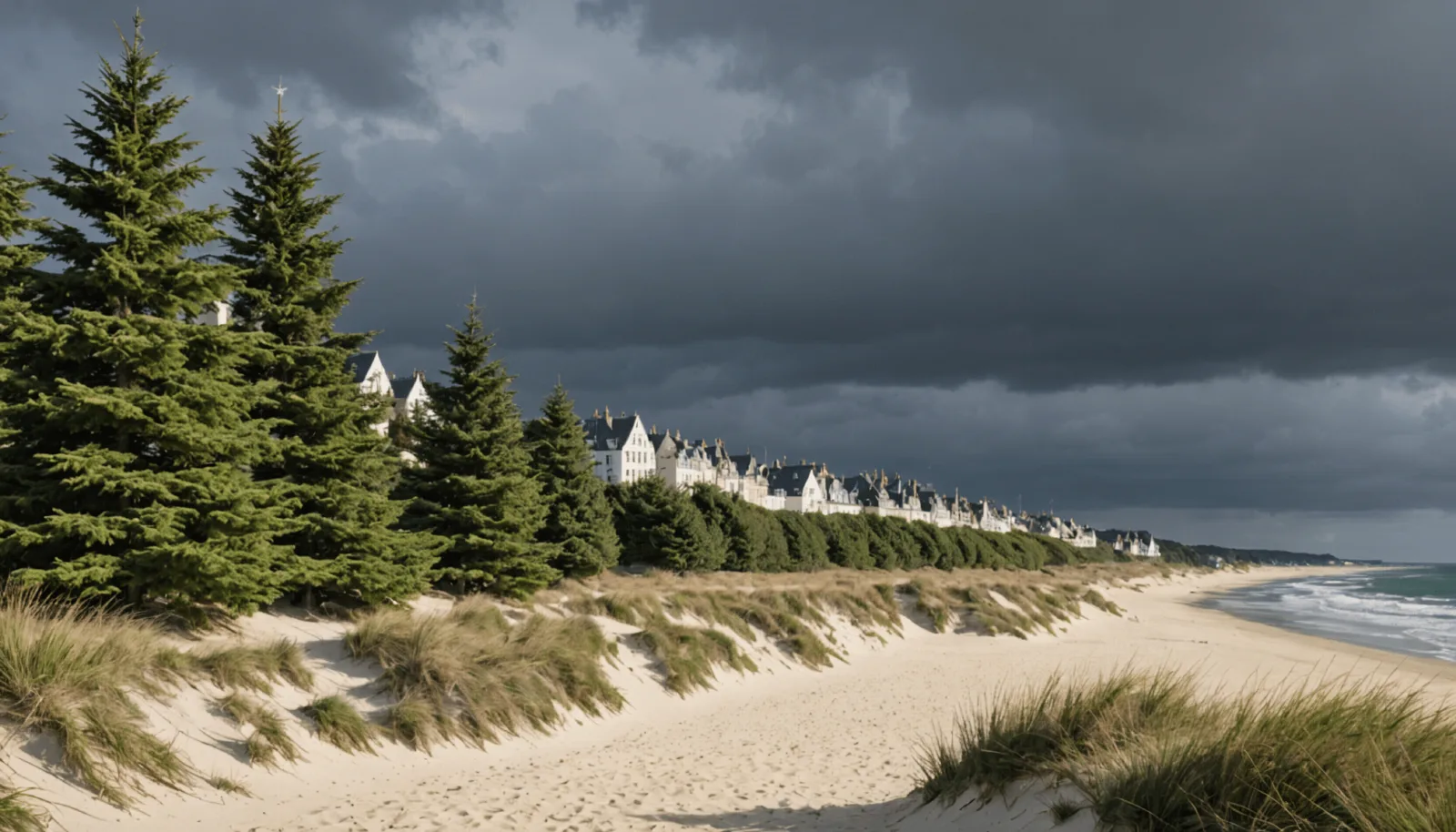 Sapins de Noël couchés en rangées au pied d'une dune sur une plage de Pornichet