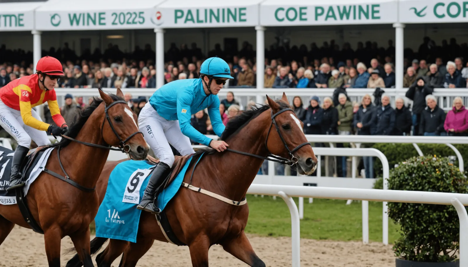 Chevaux et jockeys en piste lors d’une réunion nocturne à l’hippodrome de Pornichet