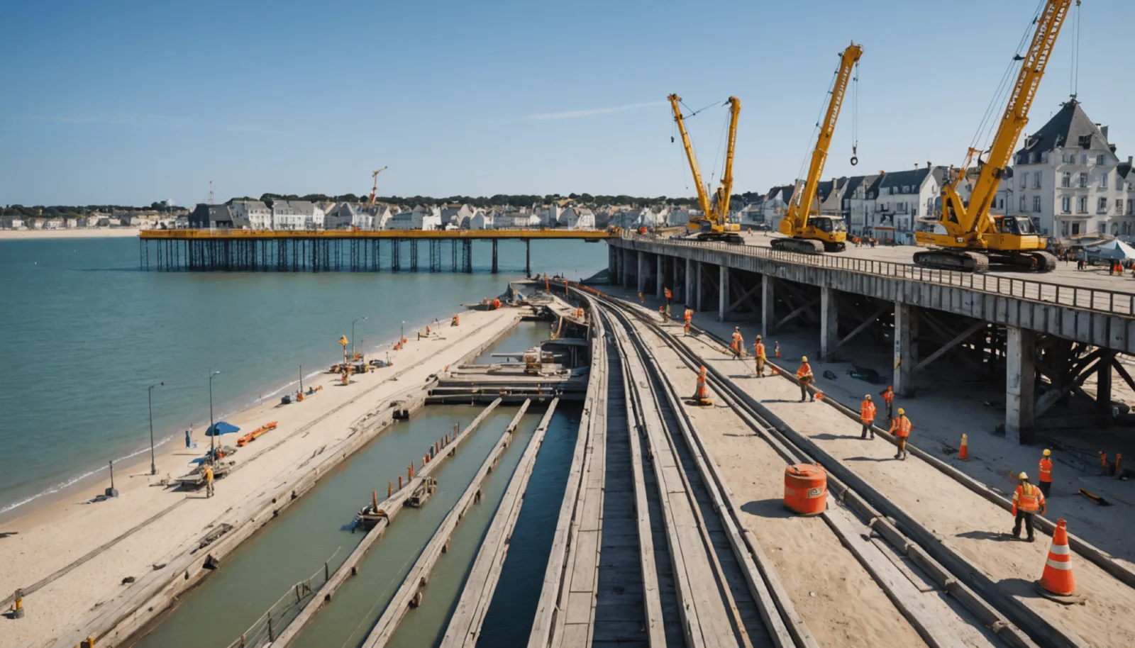 Le vieux môle de Pornichet et le chantier de sa passerelle, vus depuis le port