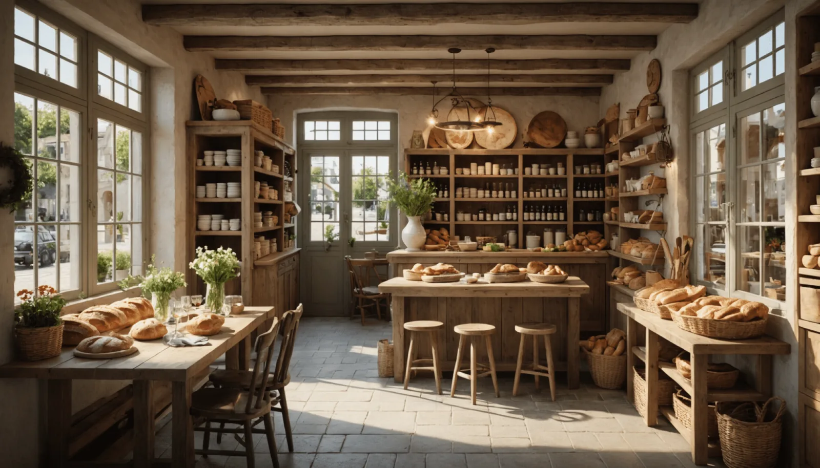 Salle de restaurant avec comptoir en bois, tabourets hauts et ardoise du jour