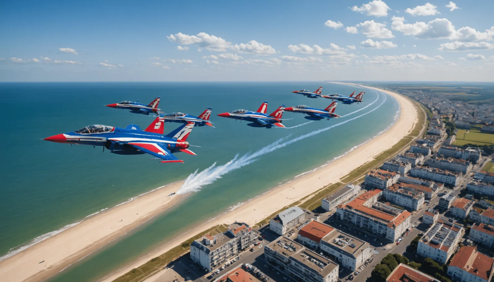 Alphajets de la Patrouille de France laissant une traînée bleu blanc rouge au-dessus d'une plage