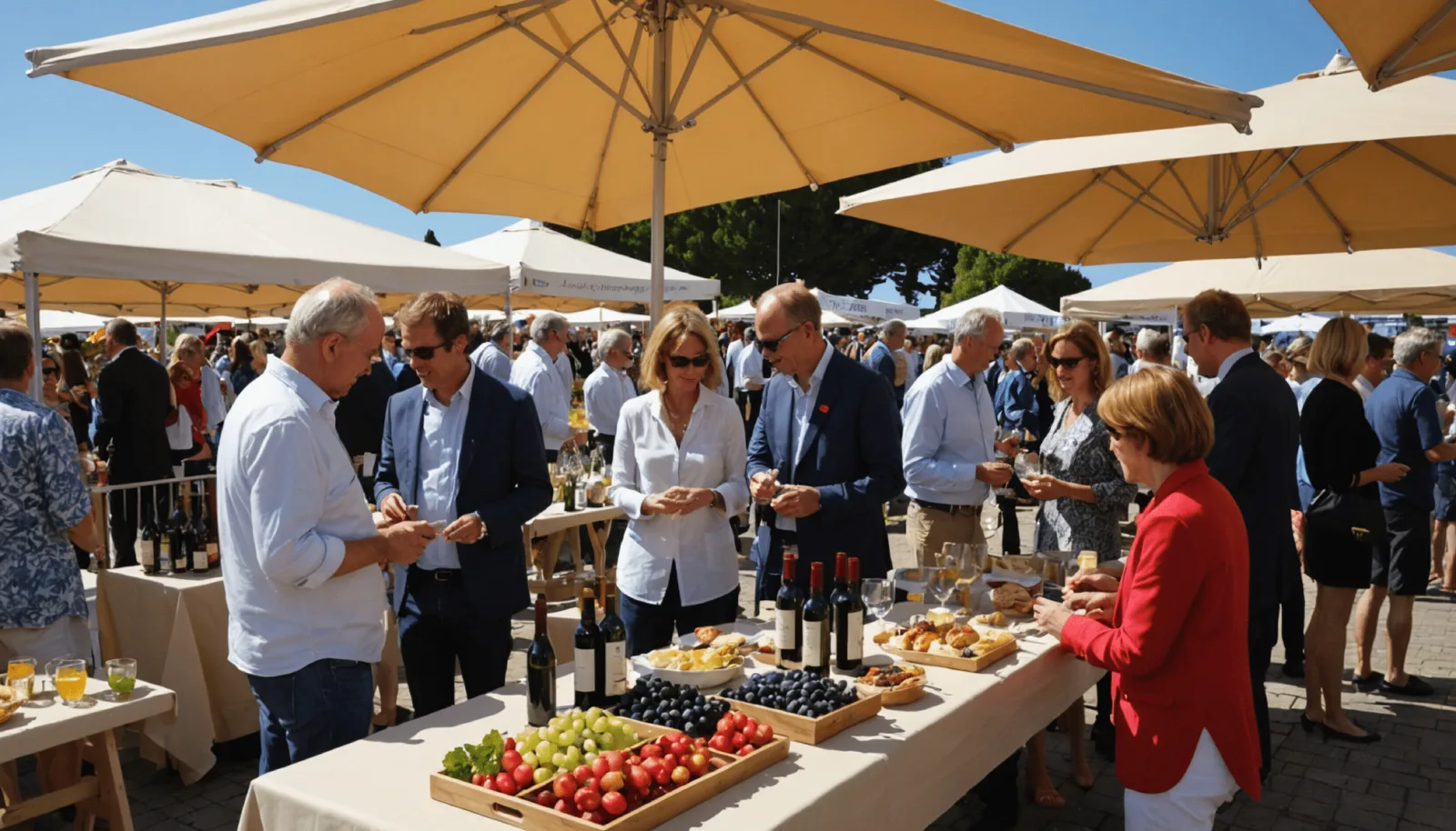 Stands de vignerons et visiteurs verre en main sous la halle de l'hippodrome de Pornichet