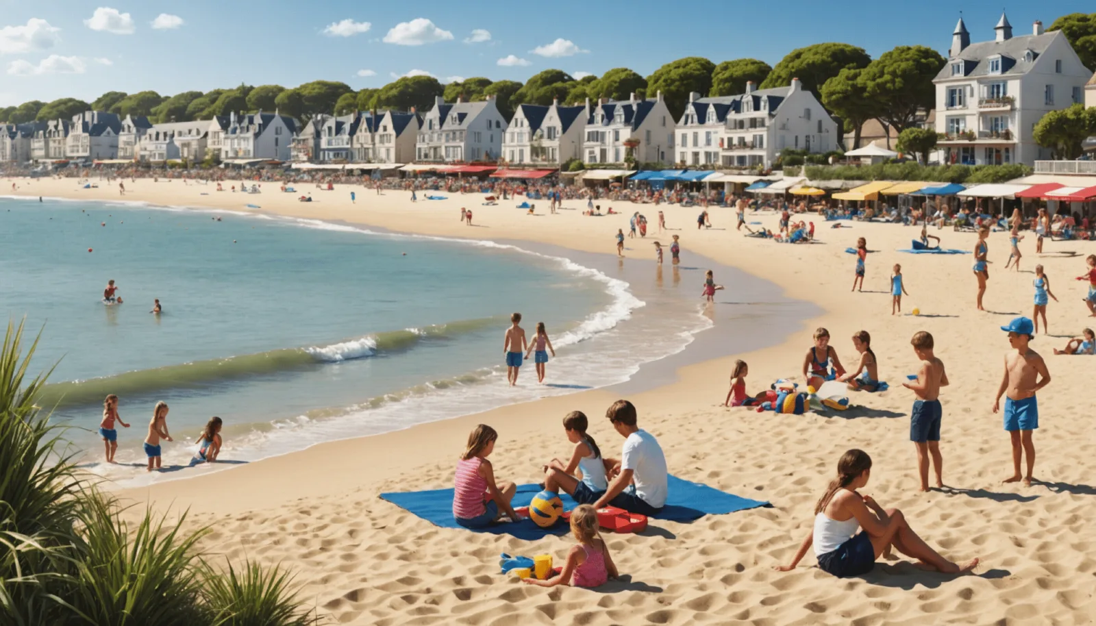 Plage de la baie de Pornichet un jour de printemps, ciel dégagé et mer basse