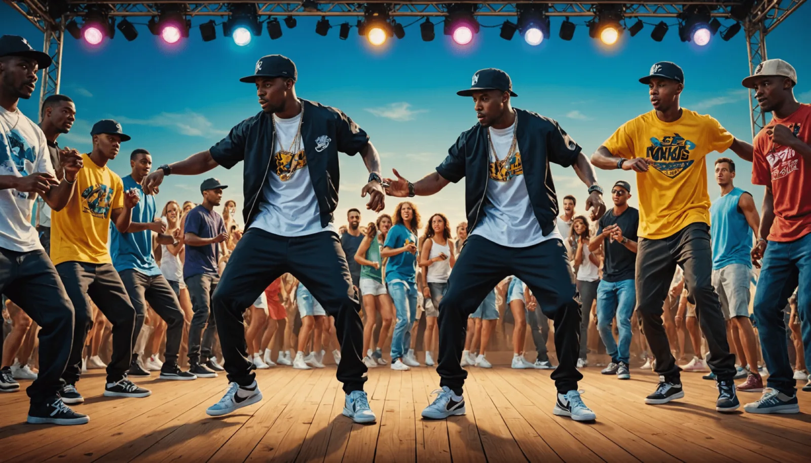 Un danseur en appui au sol pendant une pièce de danse hip-hop sur scène