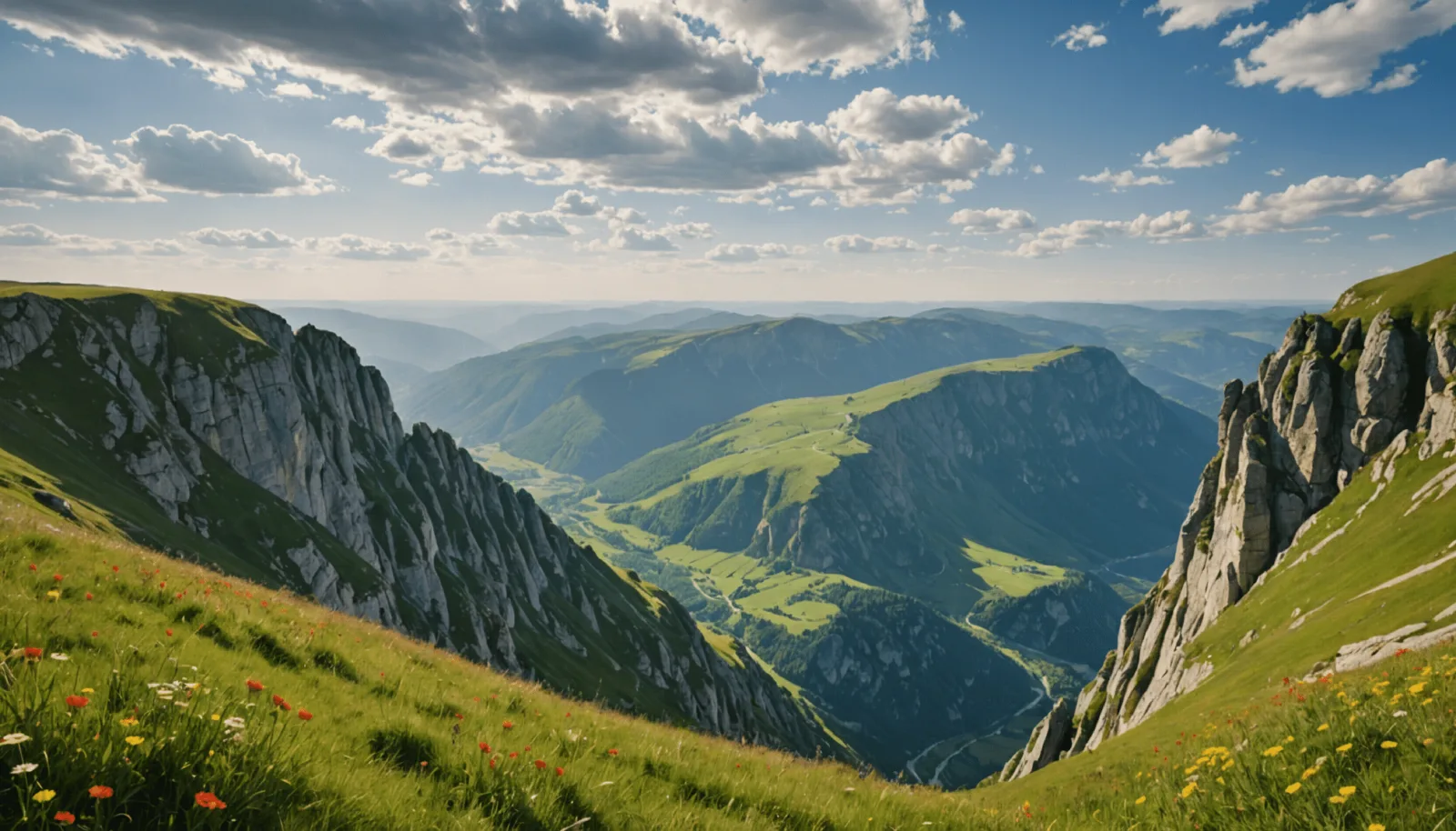 Vue depuis une crête rocheuse au-dessus d'une mer de nuages en montagne