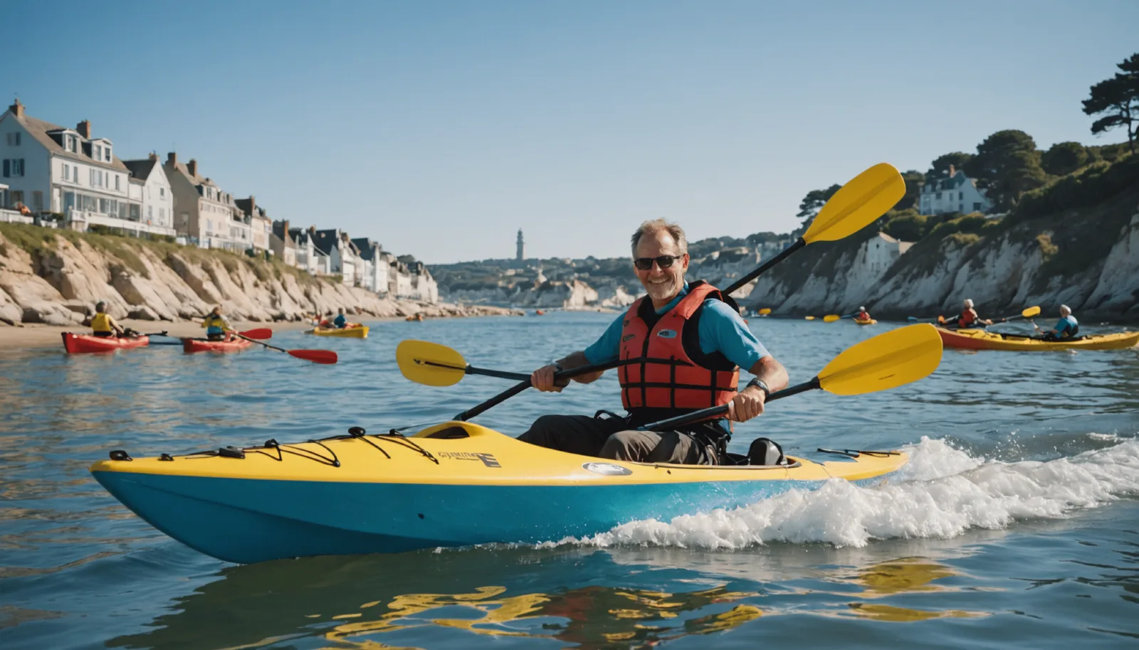 Kayakiste pagayant seul près du rivage, par temps calme, vu de trois quarts arrière