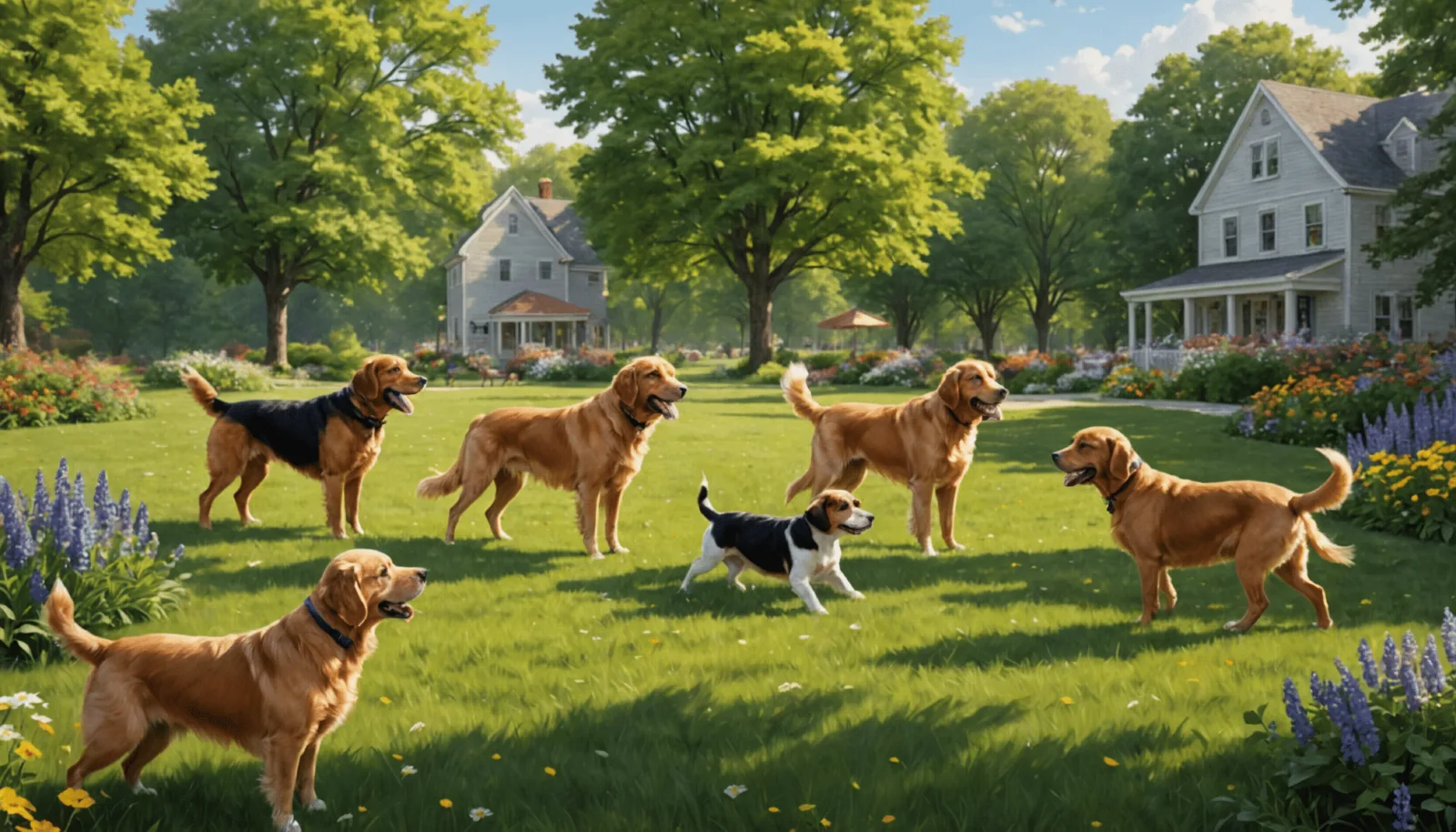Enclos herbeux entouré d'un grillage, avec des chiens libres et quelques arbres