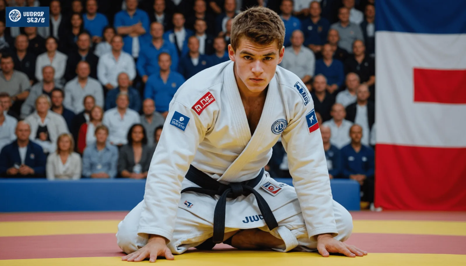 Un judoka en kimono blanc concentré au bord du tatami avant son combat