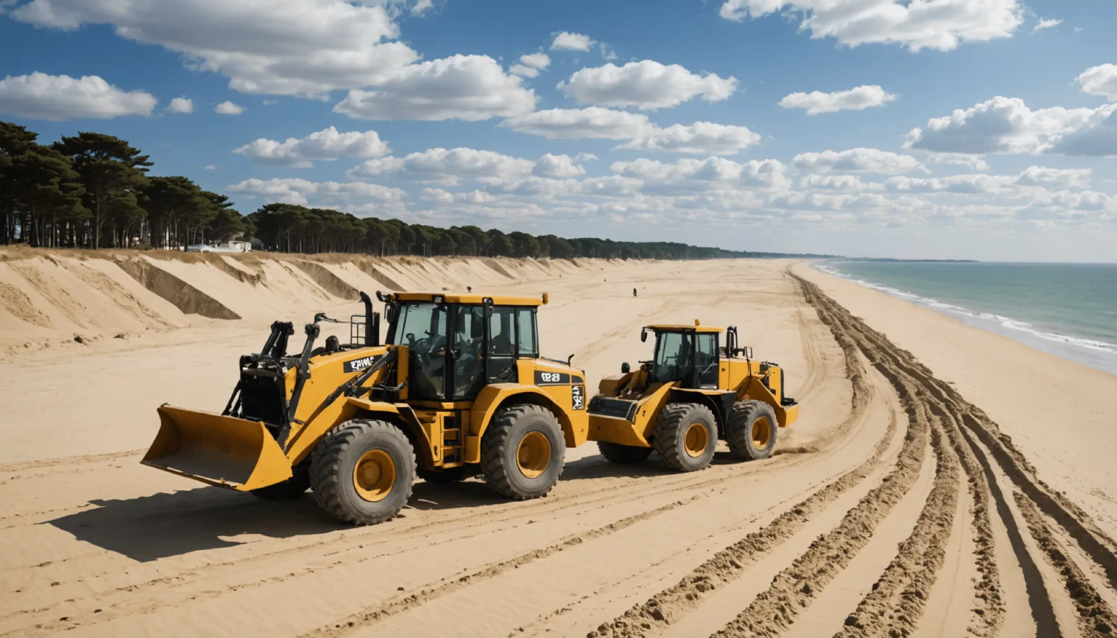 Engins de chantier nivelant le sable sur la plage entre Pornichet et La Baule
