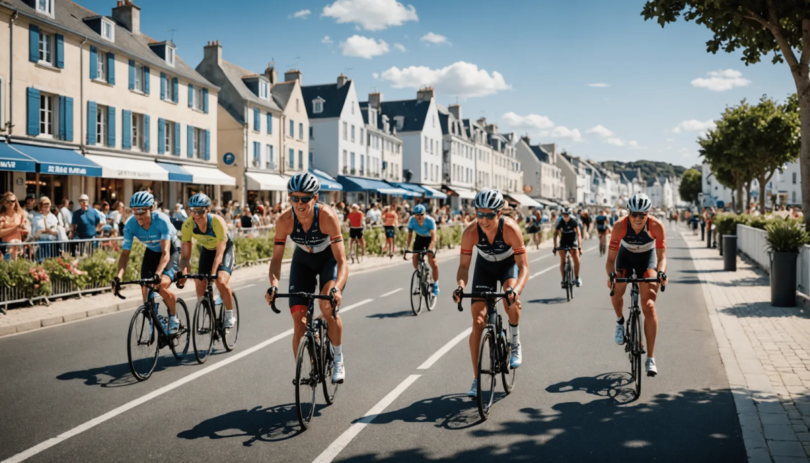 Groupe de triathlètes féminines à l'entraînement sur le front de mer de Pornichet