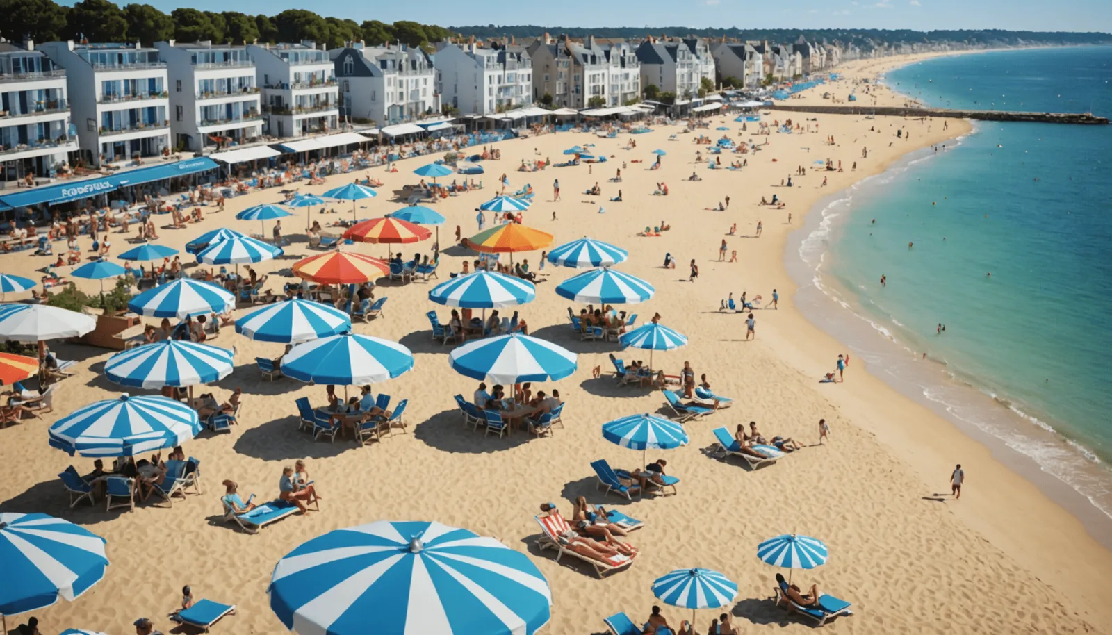 Vue de la plage de Pornichet au printemps, sable ratissé et front de mer désert