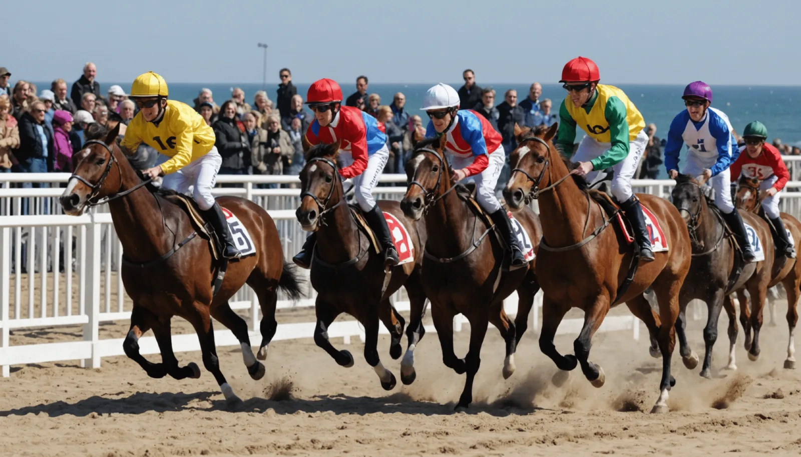 Jeunes cavaliers alignés sur leurs poneys avant le départ d'une course sur piste en sable