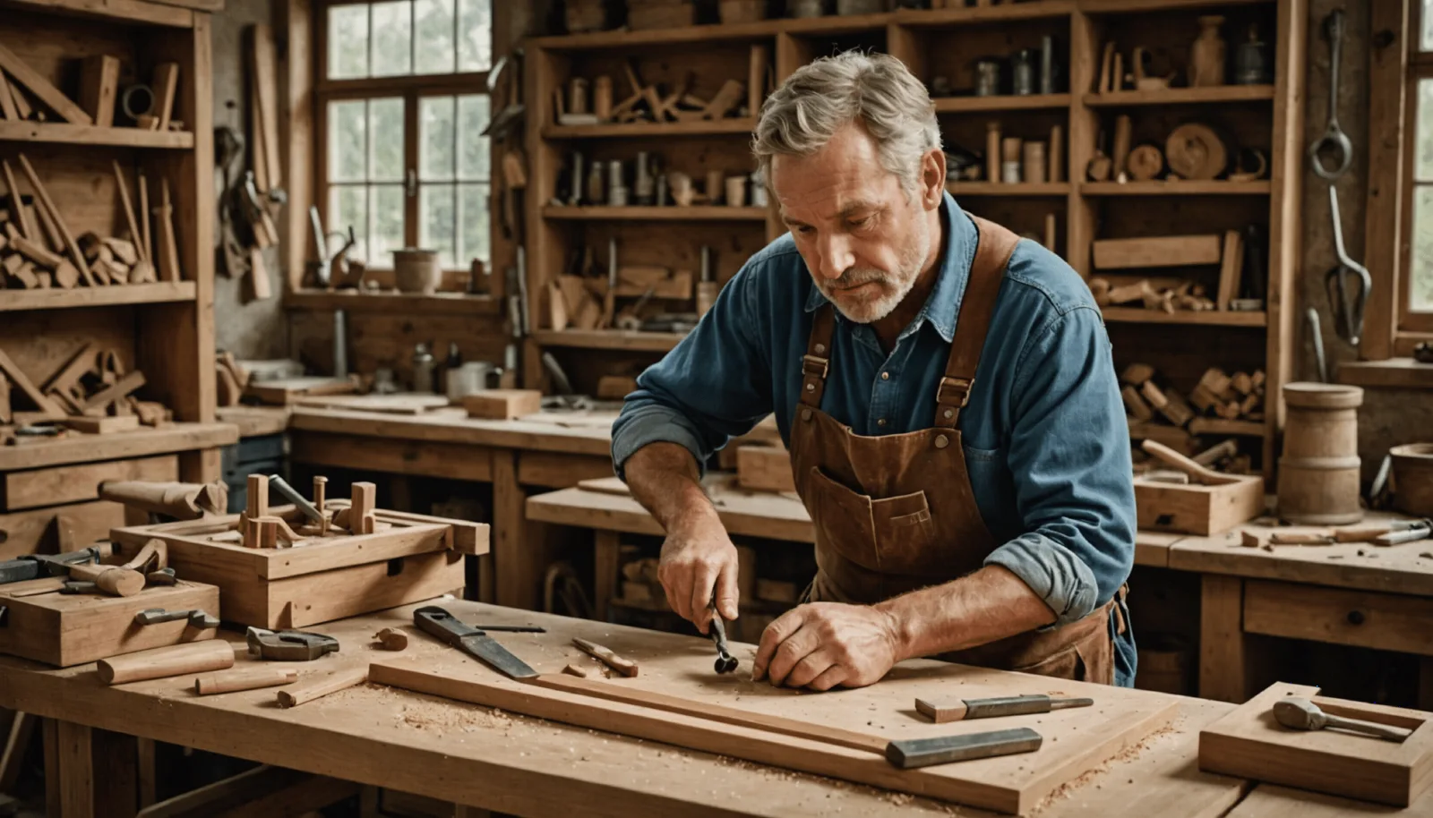 Un menuisier au travail dans son atelier, plan de travail couvert de copeaux