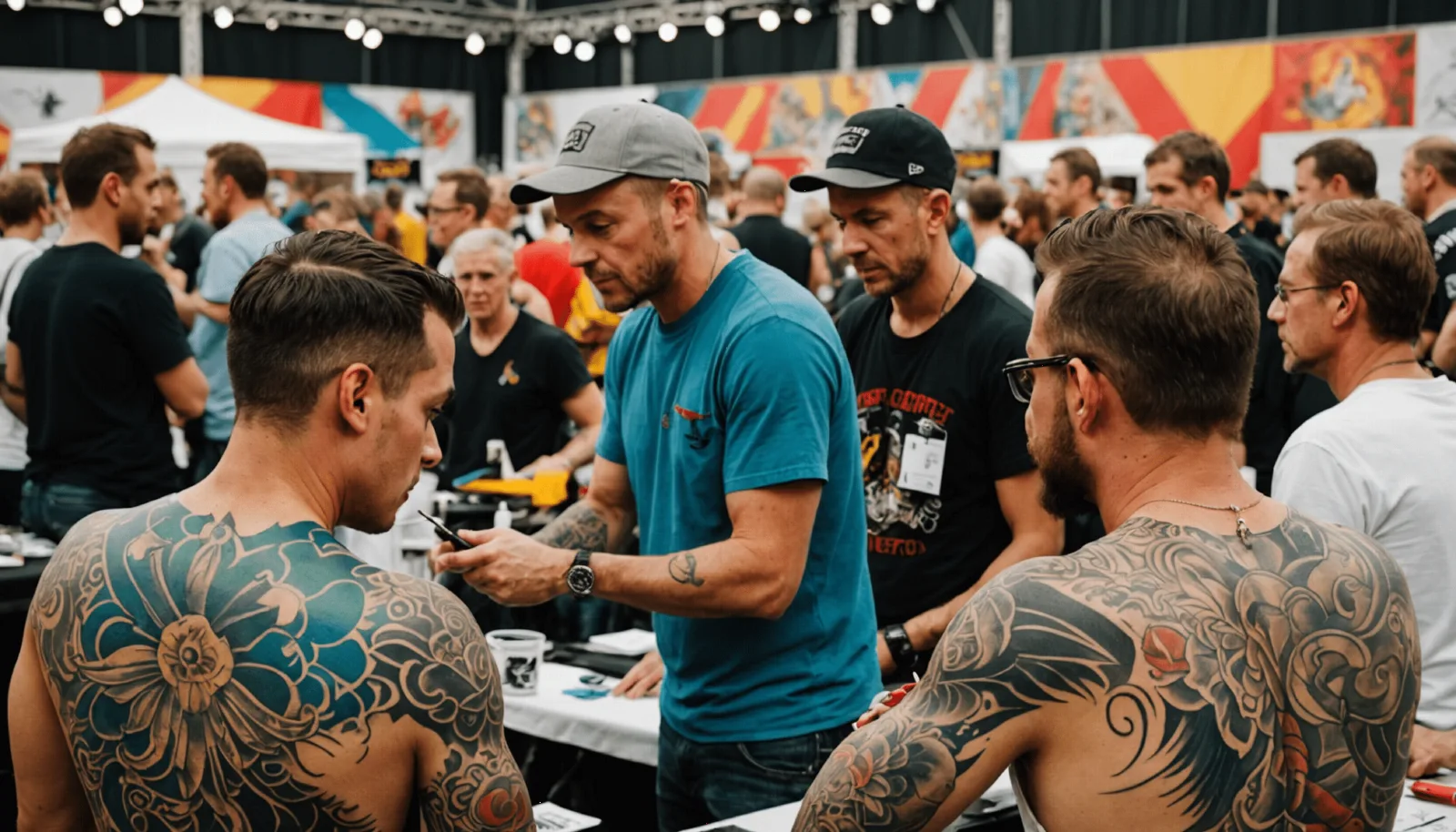 Tatoueur au travail sur le bras d'un client dans une allée de convention