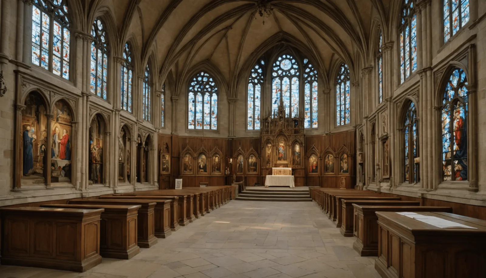 Intérieur de la chapelle Sainte-Marguerite avec des gravures encadrées accrochées aux murs